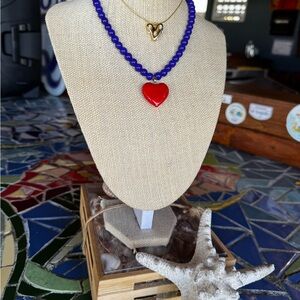 Blue Beaded Necklace with Red Heart Pendant